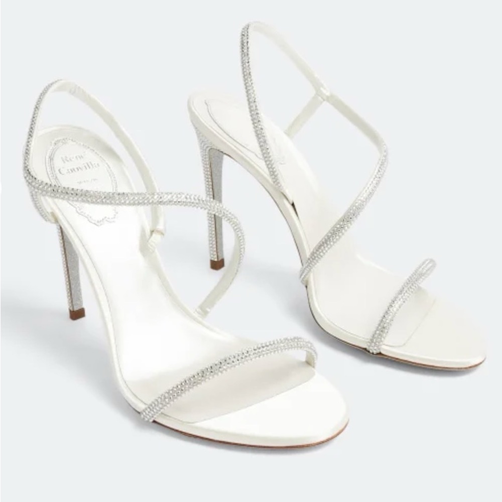 Rene Caovilla Irina White Silver Satin Bead Embellished Slingback Sandal Heels